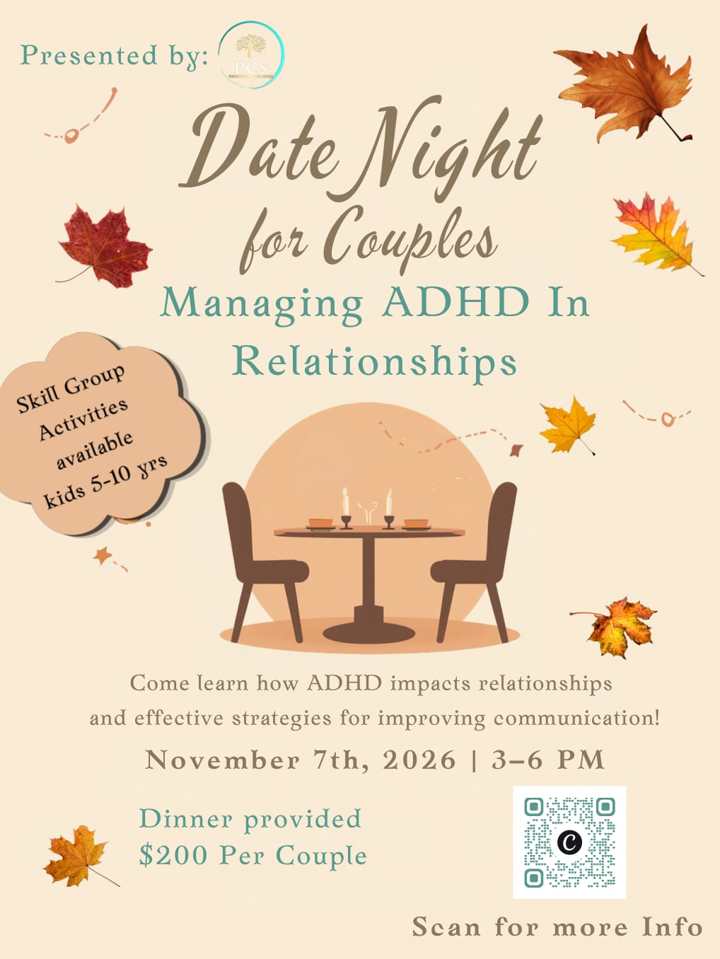 Date Night for Couples: Managing ADHD In Relationships flyer — November 7, 2026, 3 to 6 PM, dinner provided, $200 per couple, with skill group activities for kids 5 to 10