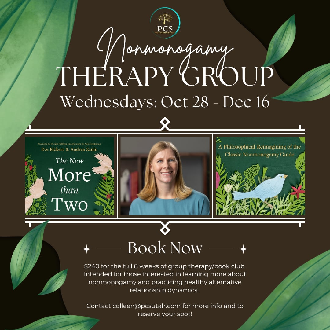 Nonmonogamy Therapy Group flyer — Wednesdays, October 28 to December 16, with the cover of The New More Than Two and a photo of facilitator Colleen Lasko