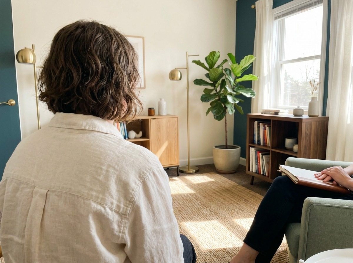 Client and therapist in a calm, light-filled session room