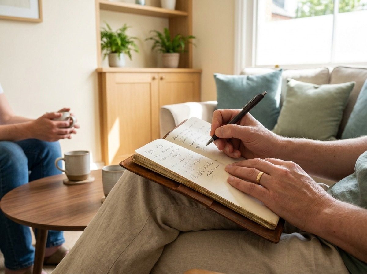 Therapist taking notes during a one-on-one session