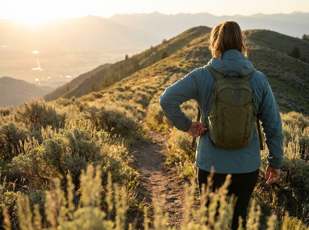 Person walking a mountain trail at sunrise