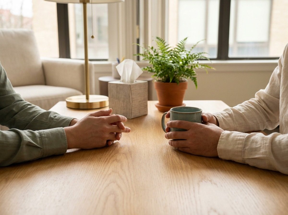 Two people talking across a quiet office table