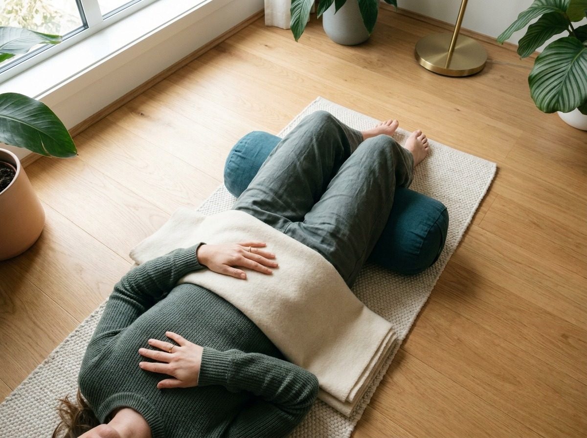 Client lying on a mat, eyes closed, during a guided breathing session