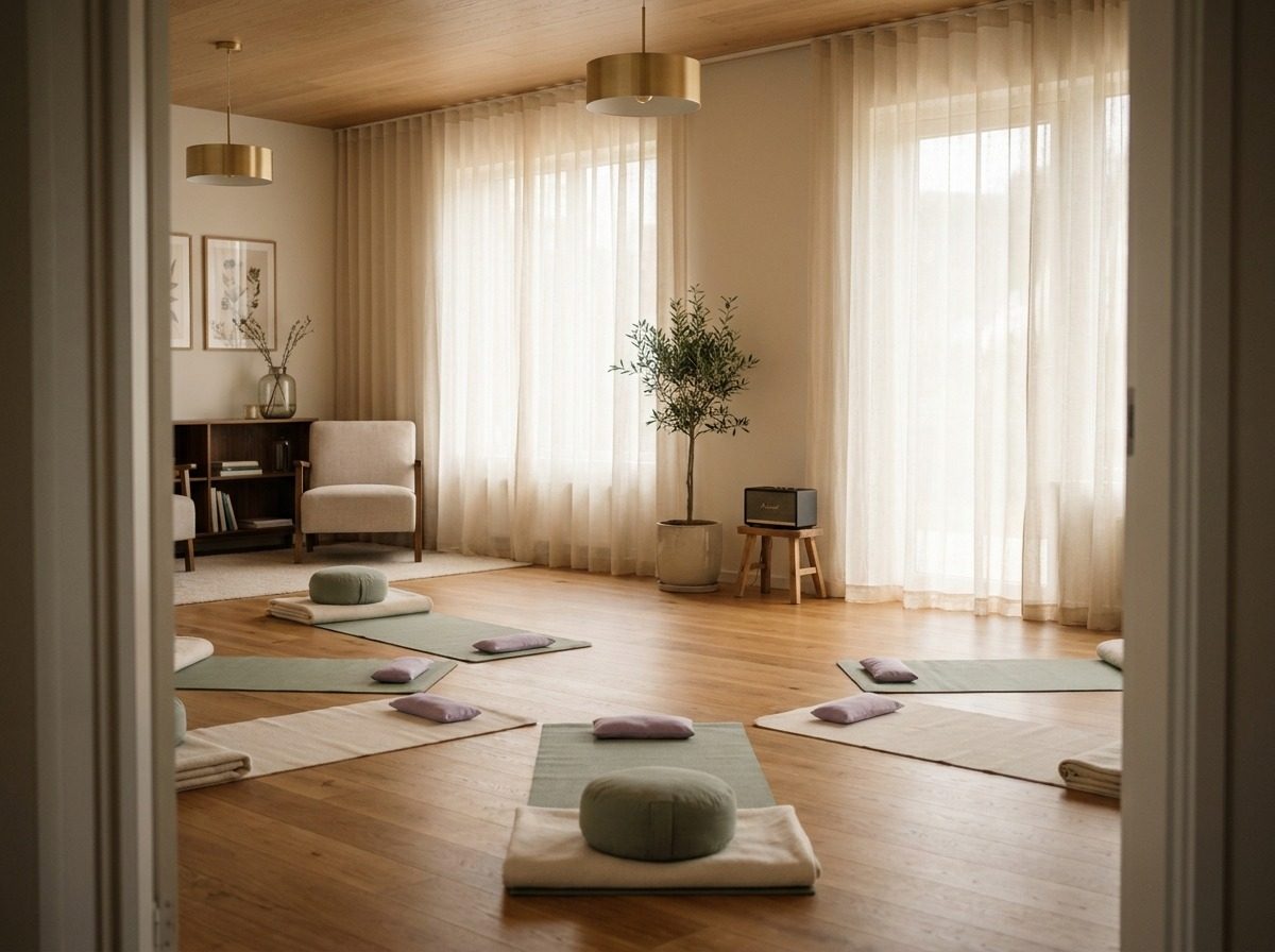 Quiet, softly lit room set up for a breathwork session