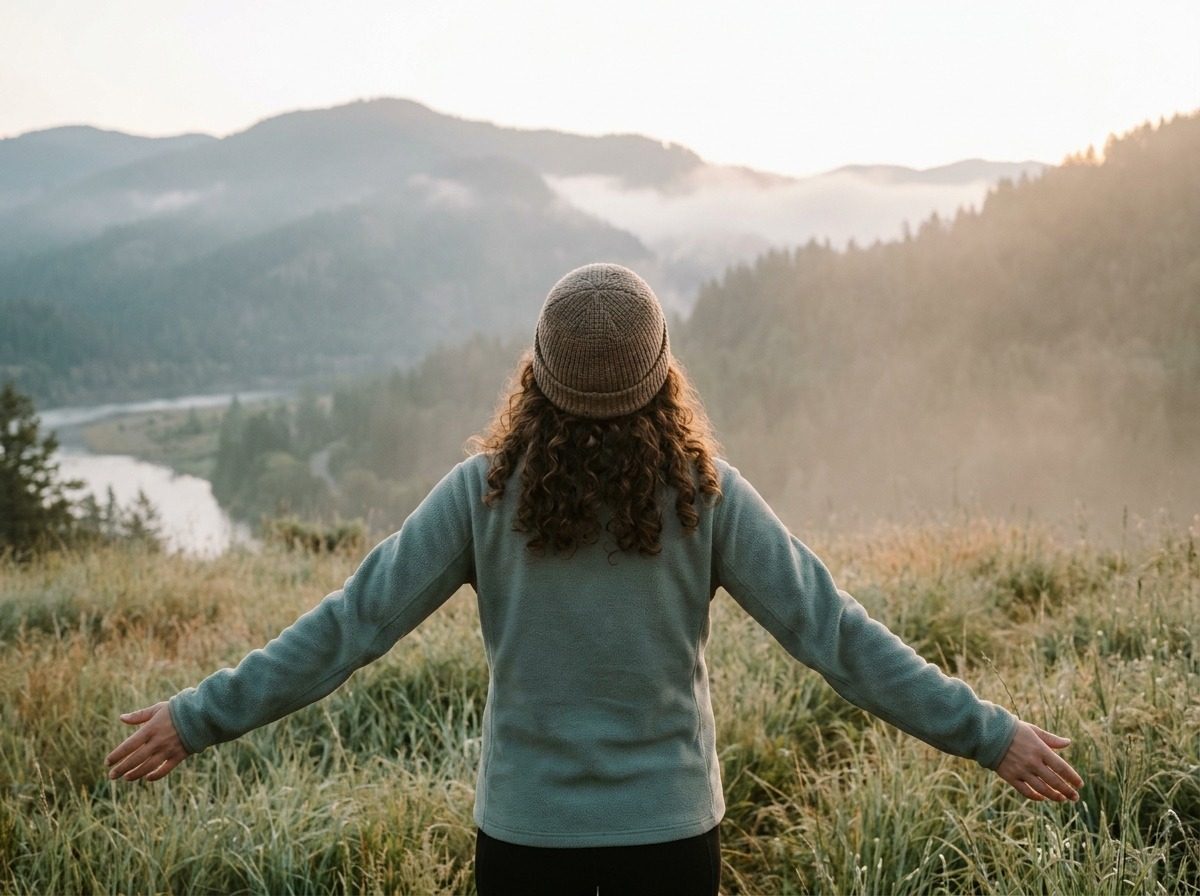 Person breathing deeply outdoors in early morning light