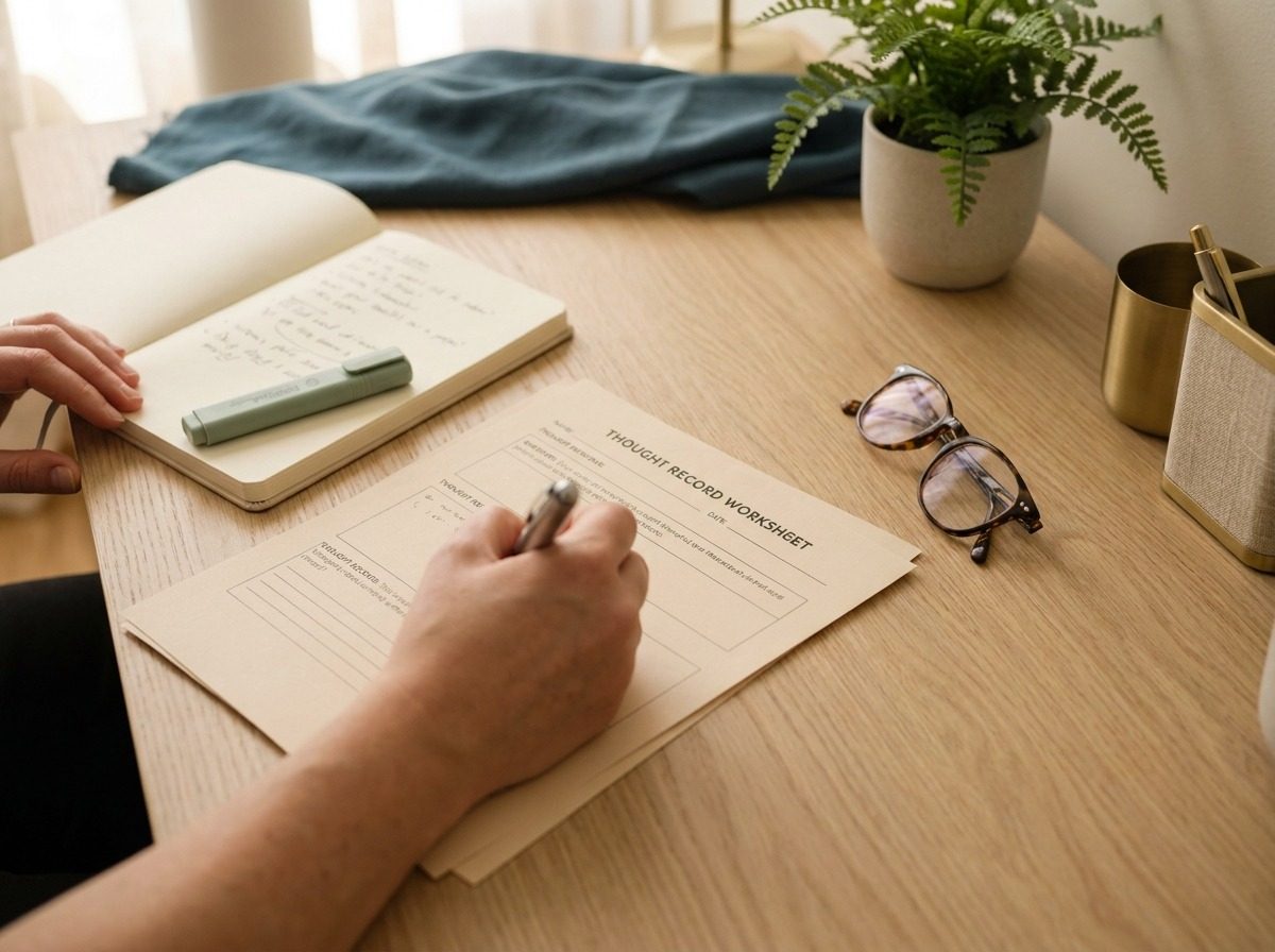 Thought record worksheet on a desk beside a notebook