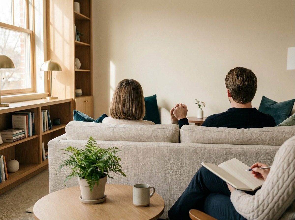 Couple seated together facing a therapist