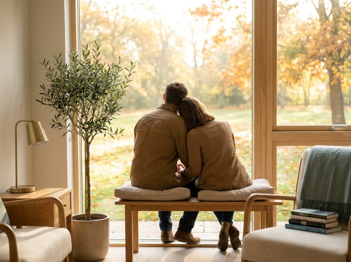 Couple talking on a bench outdoors