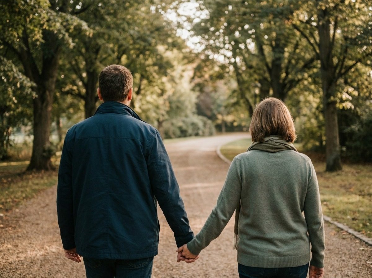 Two people walking side by side