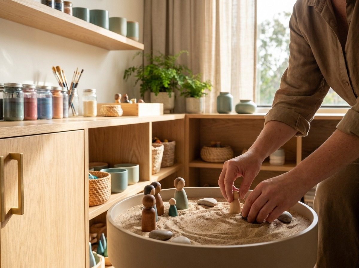 Art materials and a sand tray in a therapy room