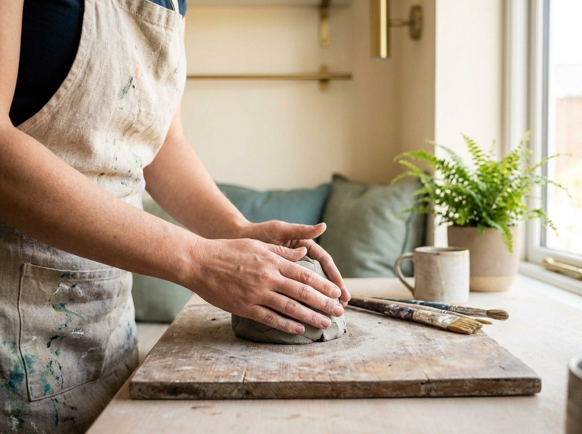 Hands working with clay or paint