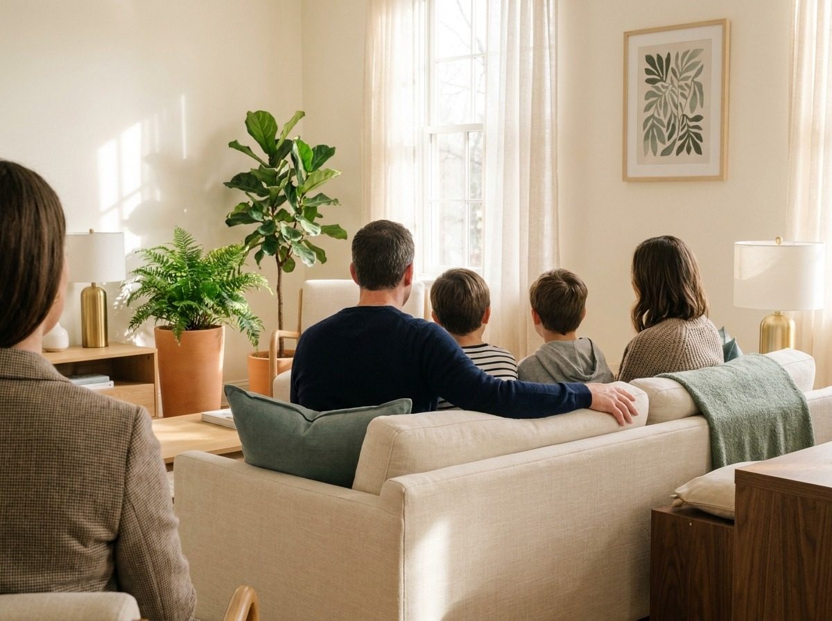Family seated together in a session room