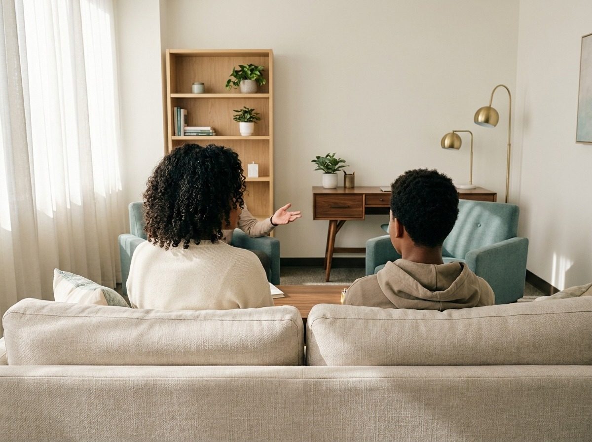 Parent and teen talking with a counselor