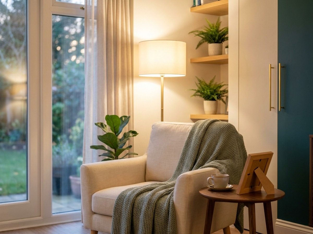 Quiet room with a single chair and warm lamplight