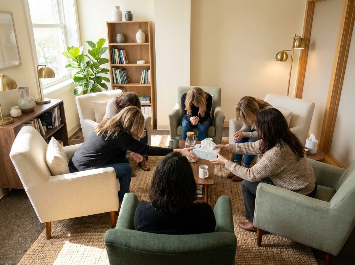Small group circle in a comfortable room