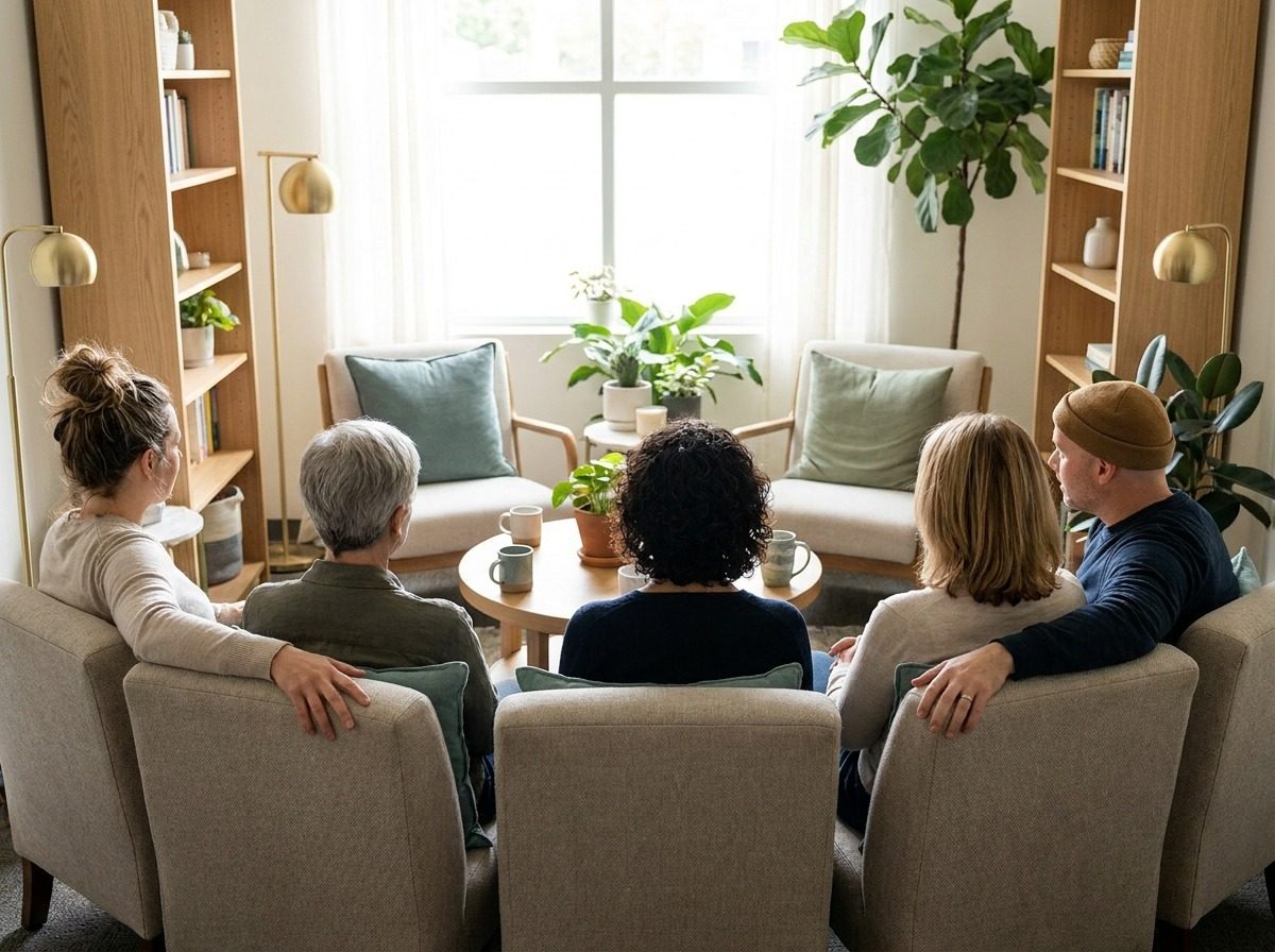 Group of people talking in a comfortable room