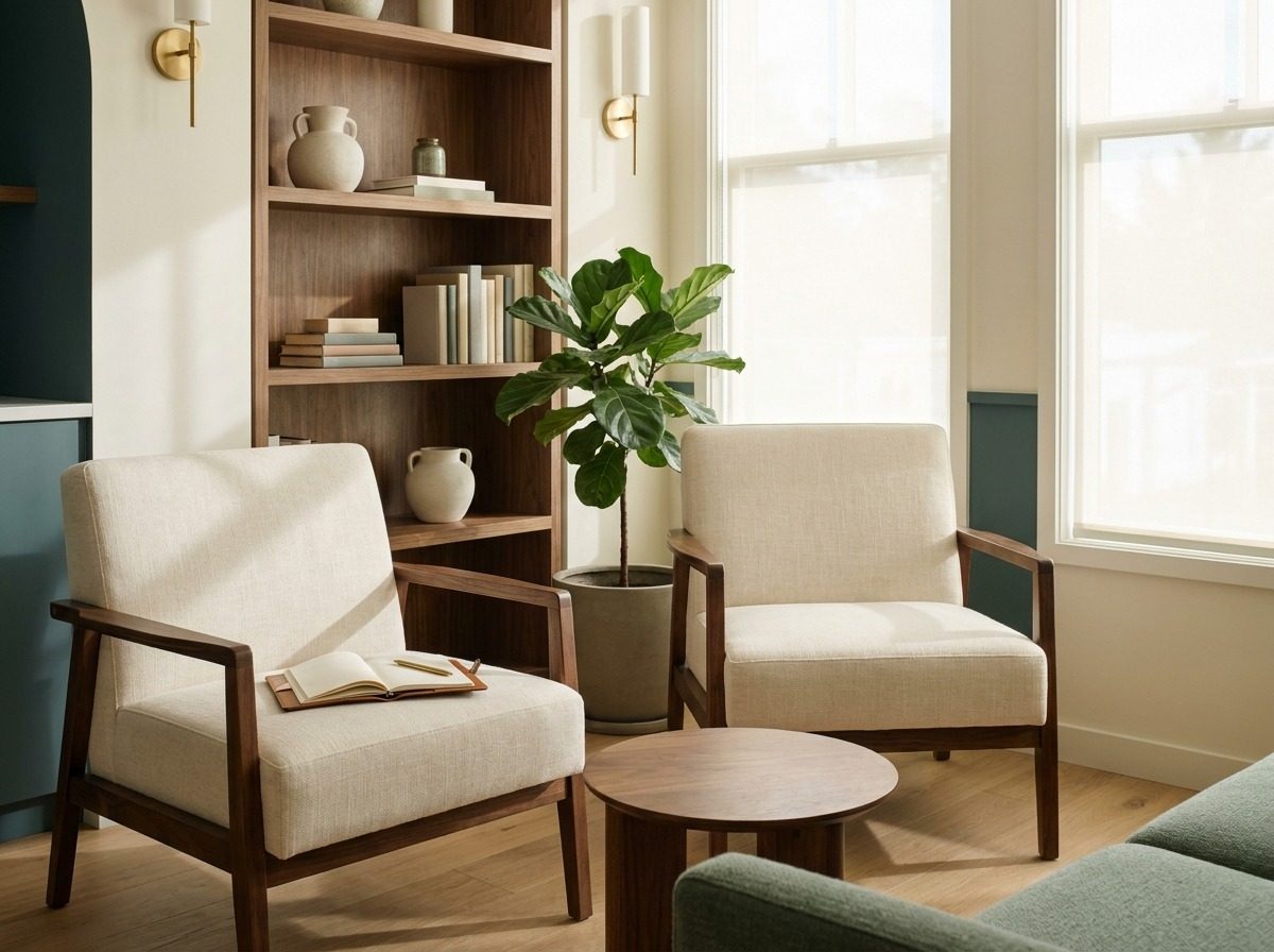 Two chairs facing each other in a warm office