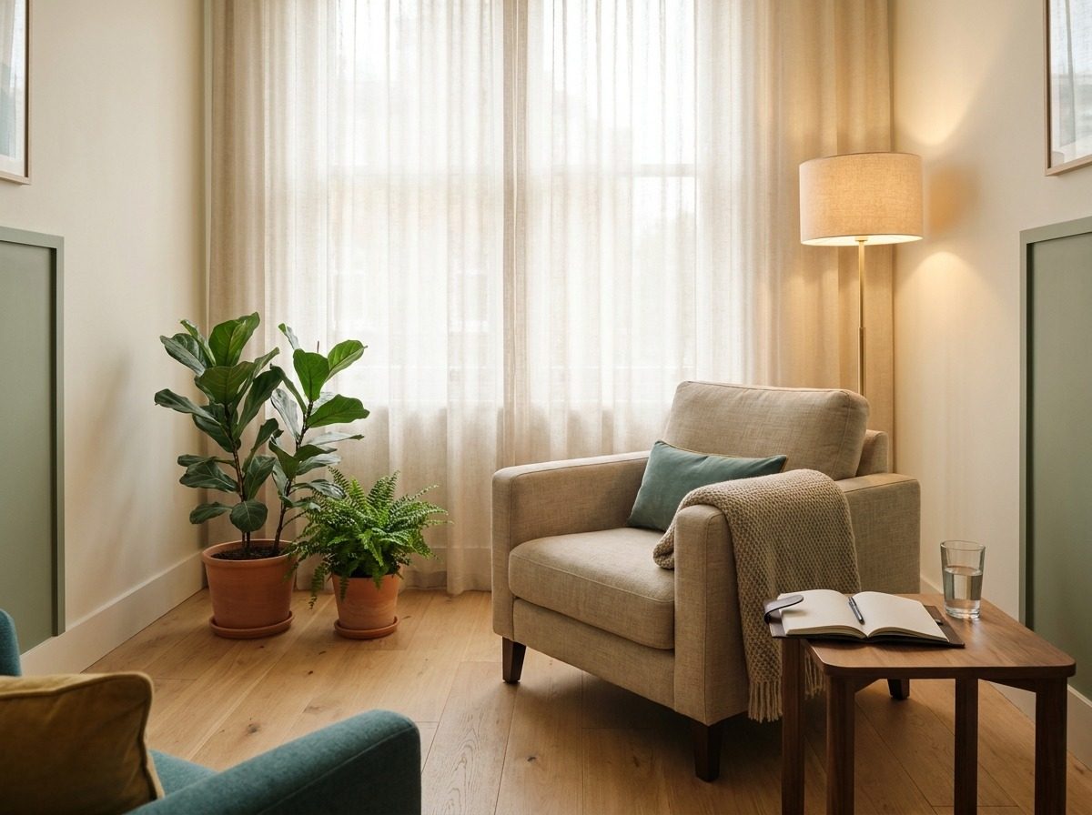 Softly lit room set up for reflective work