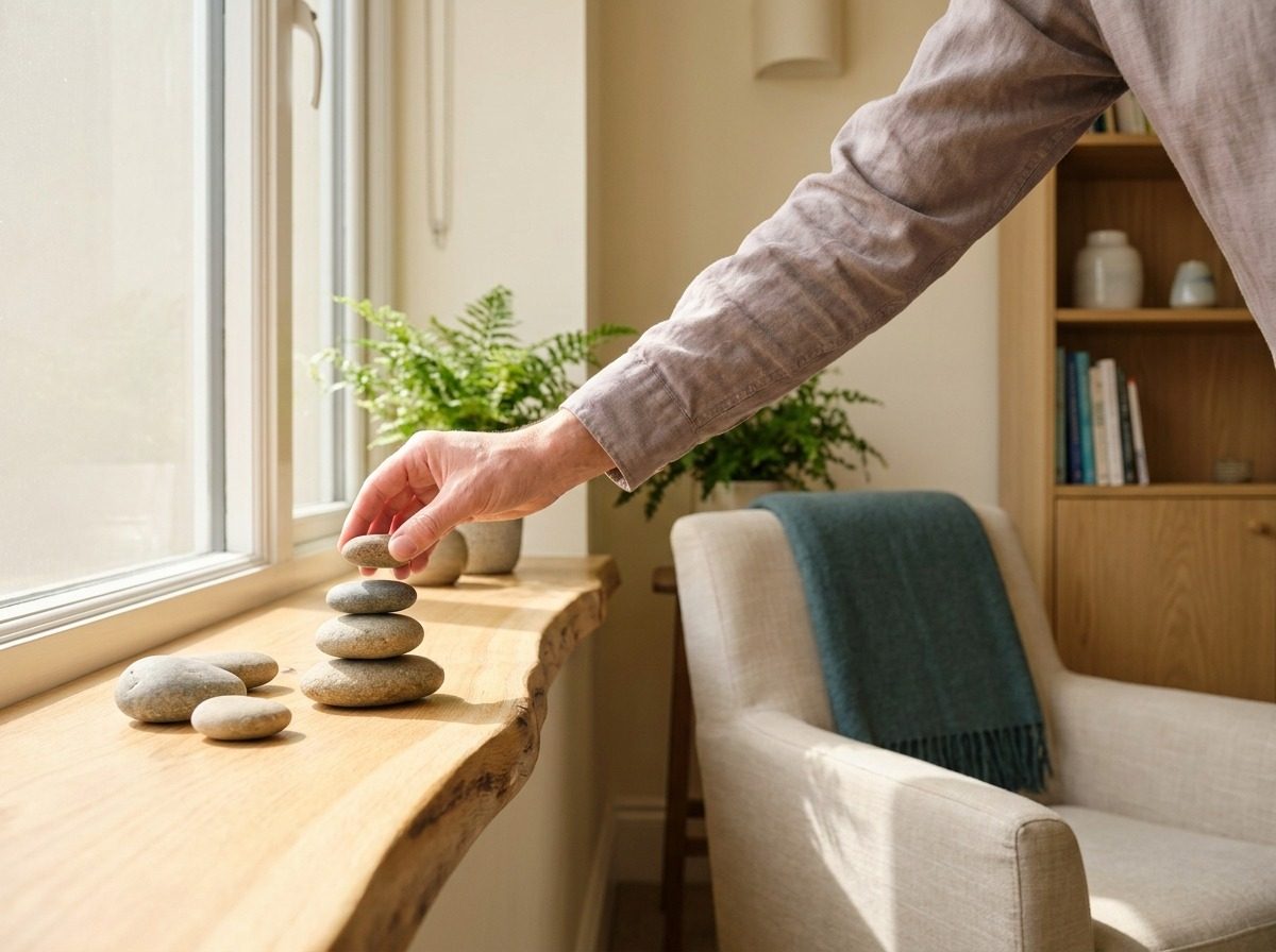 Calm still-life of stones balanced on a ledge