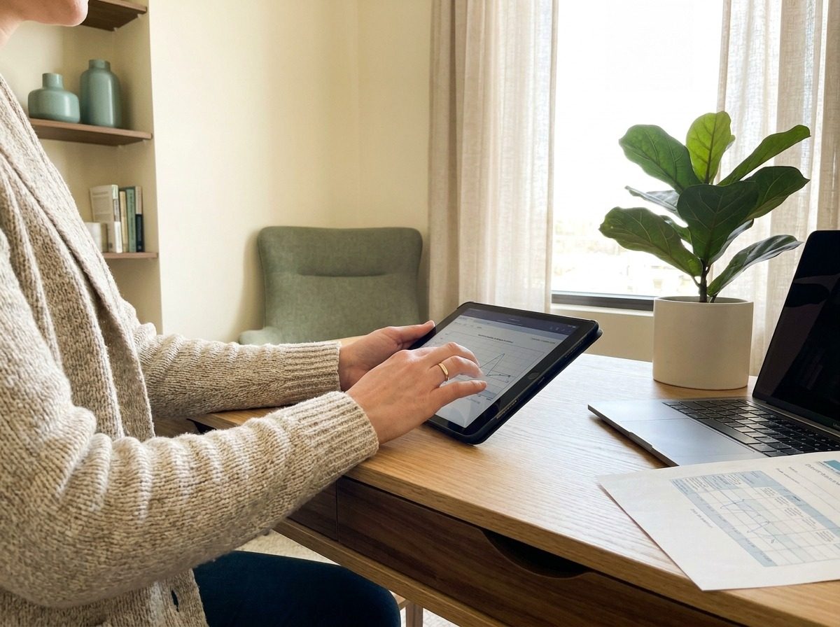 Clinician reviewing notes in a consultation room