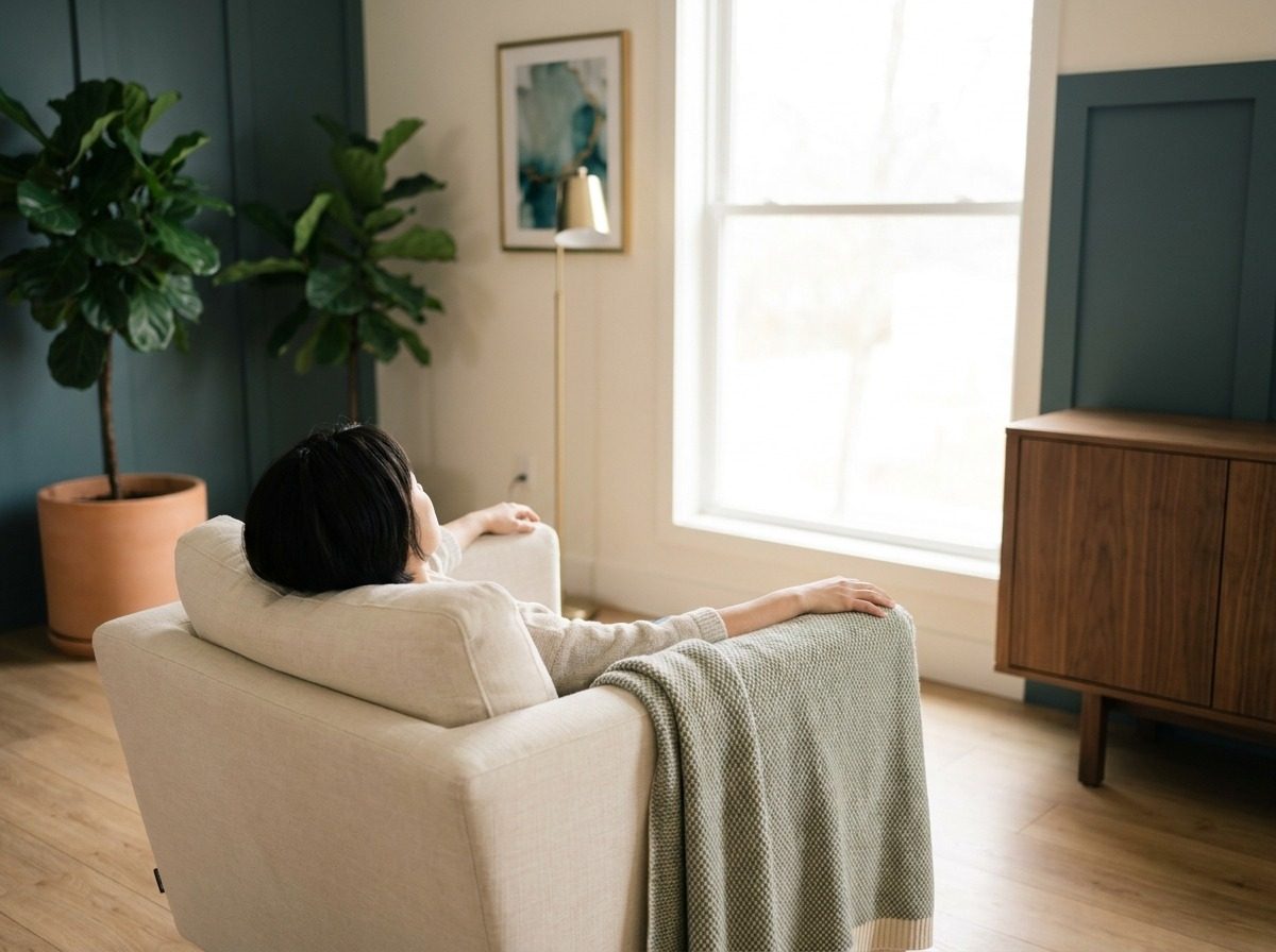 Person resting with eyes closed in a quiet space