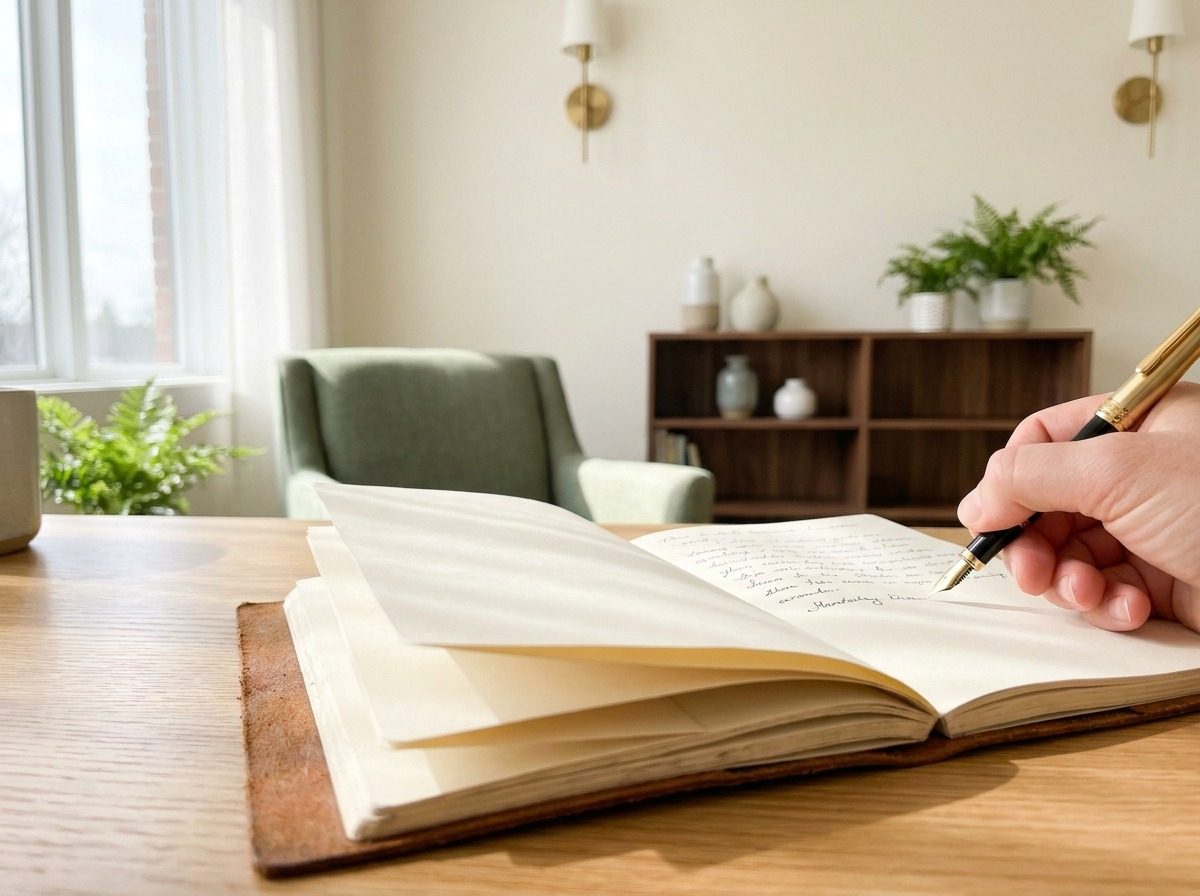 Open notebook and pen on a wooden desk