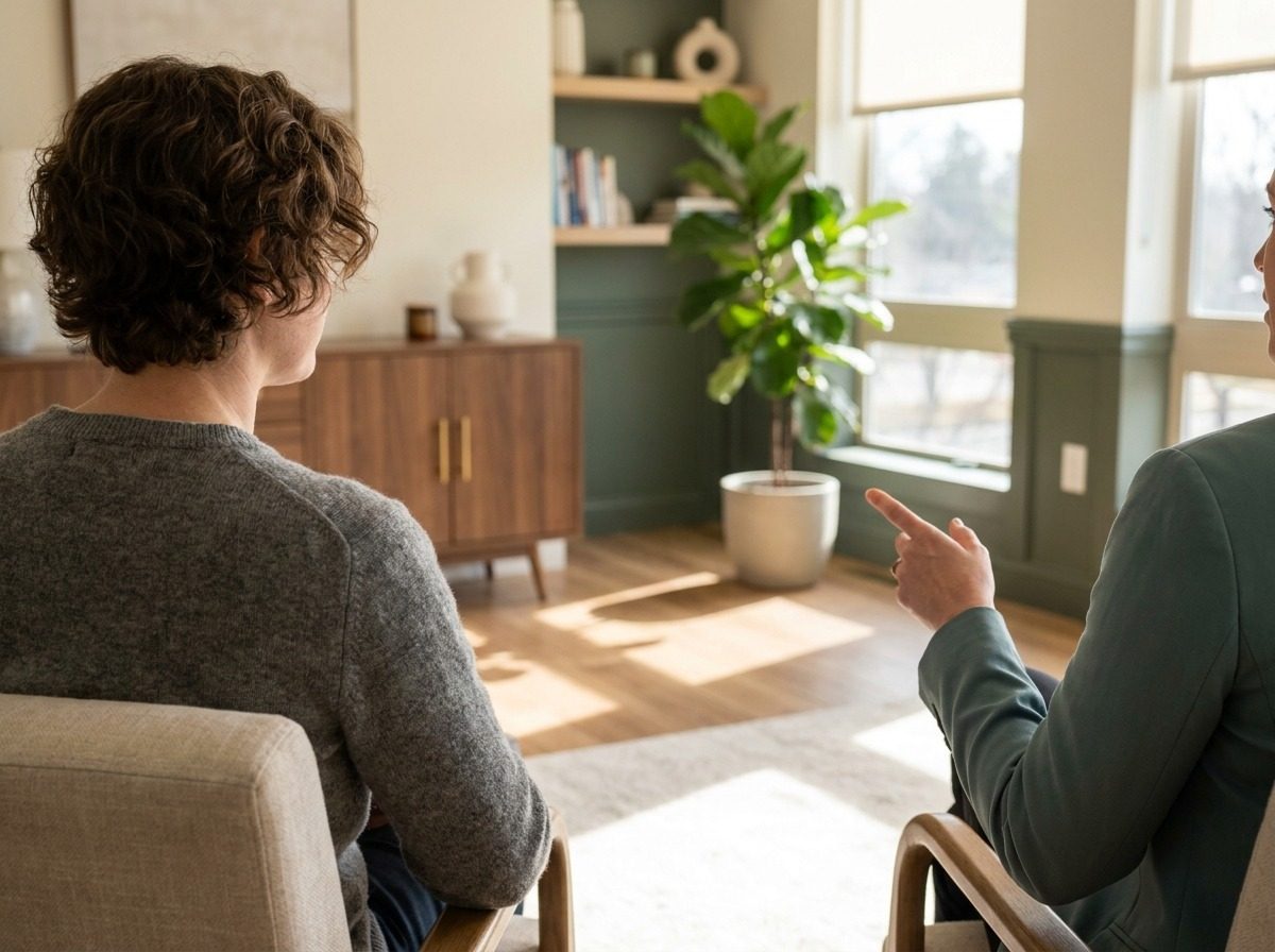 Client and therapist in conversation, sunlight across the room