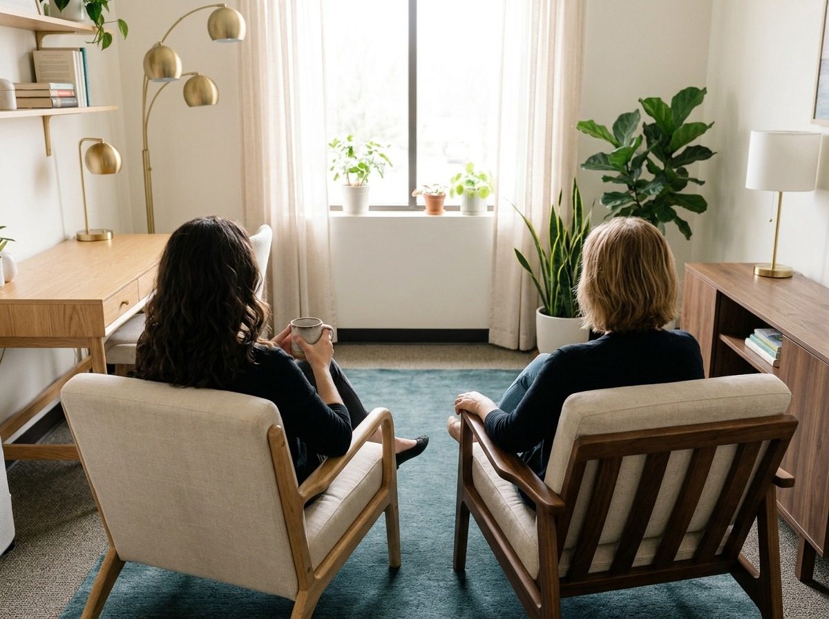 Long-standing client and therapist in relaxed conversation