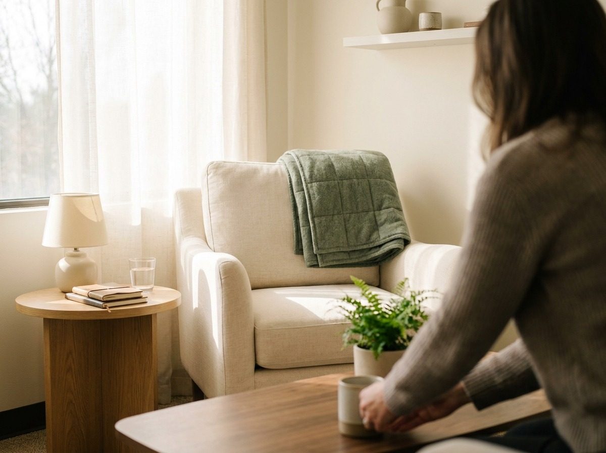 Quiet, softly lit room with a comfortable chair
