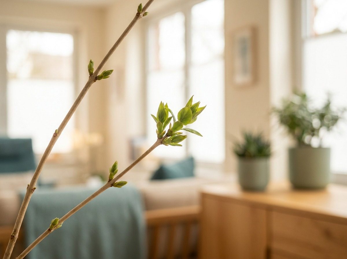 New growth emerging on a bare branch